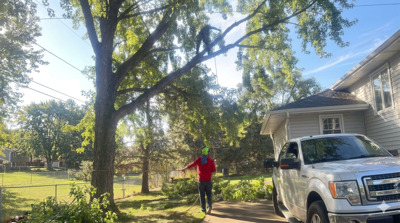 Arborist trimming tree branches